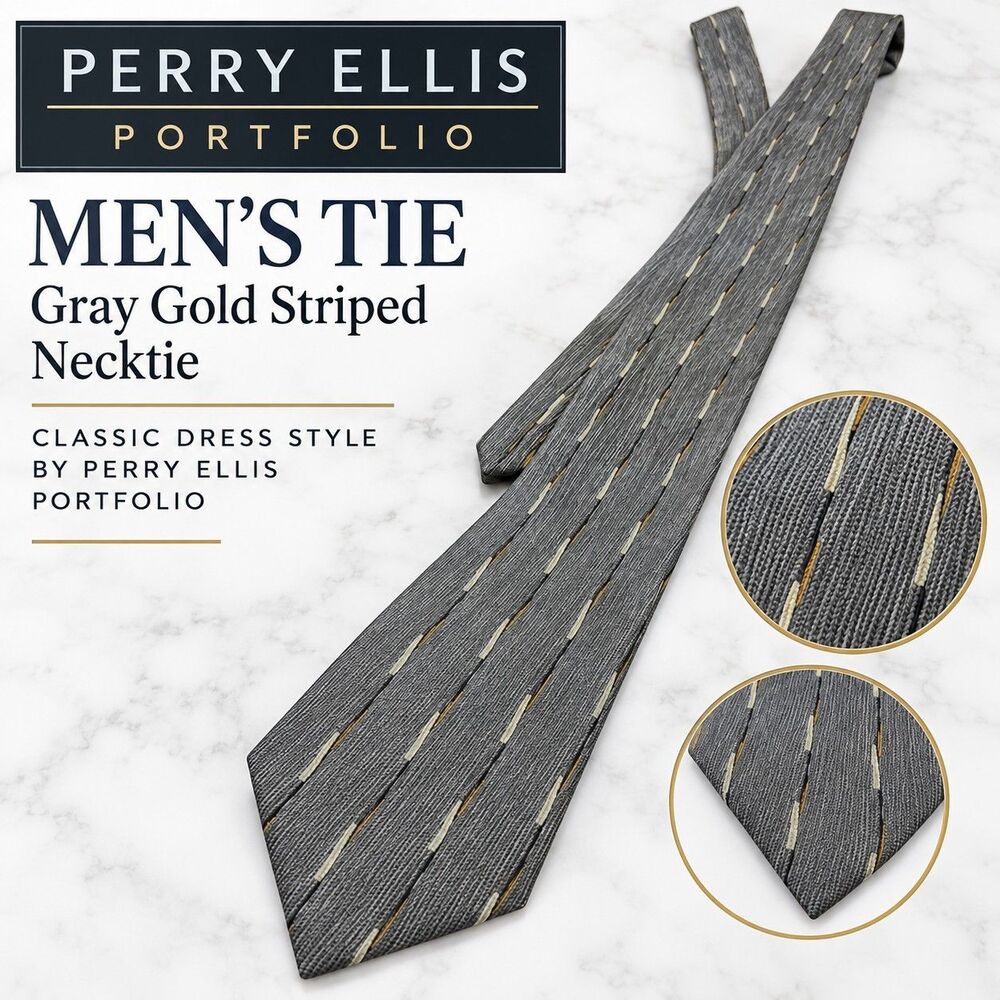 Perry Ellis Portfolio Men's Tie Gray Gold Striped Necktie Classic Dress
